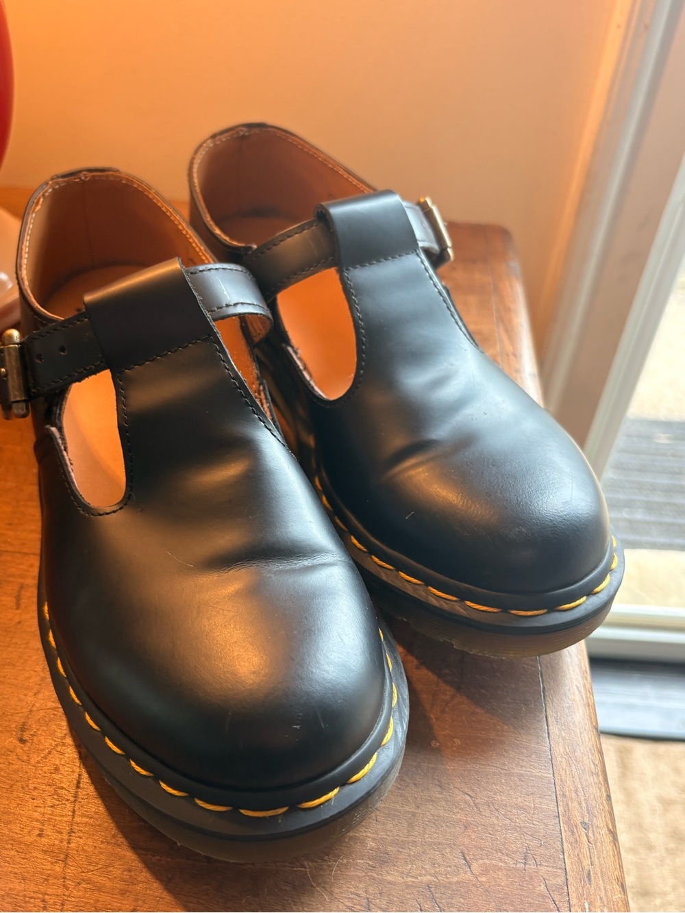 Dr. Martens Black Leather T-Bar Clogs with Yellow Stitching